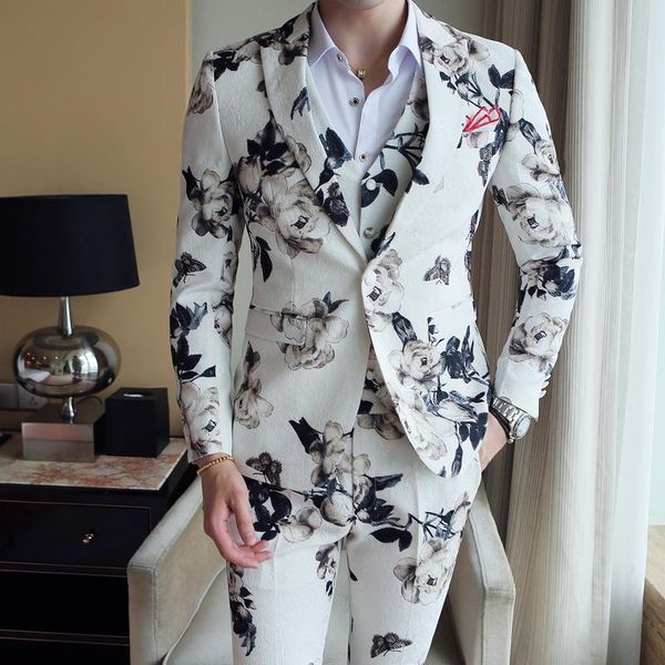 

floral printed suits men slim fit mens blazers pants and vest 3 pcs party wedding dress set host business outside wear men's, White;black