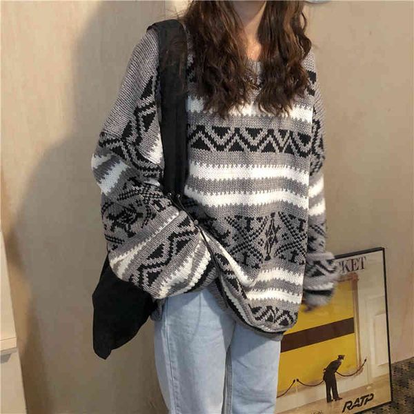 

sweater pullover sweaters women woman winter 2021 striped snowflake loose long sleeve sweater, White;black