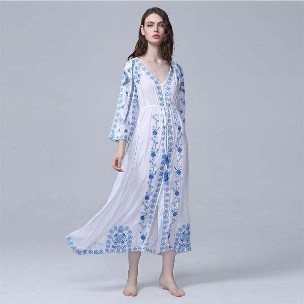 

casual dresses jsxdhk 2021 spring summer holiday maxi dress runway women flower embroidery blue and white porcelain cotton beach long, Black;gray