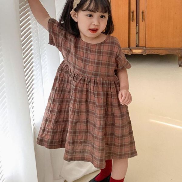 

short-sleeve round neck plaid print casual dress kid clothing girl japanese and korean style summer girl's dresses, Red;yellow