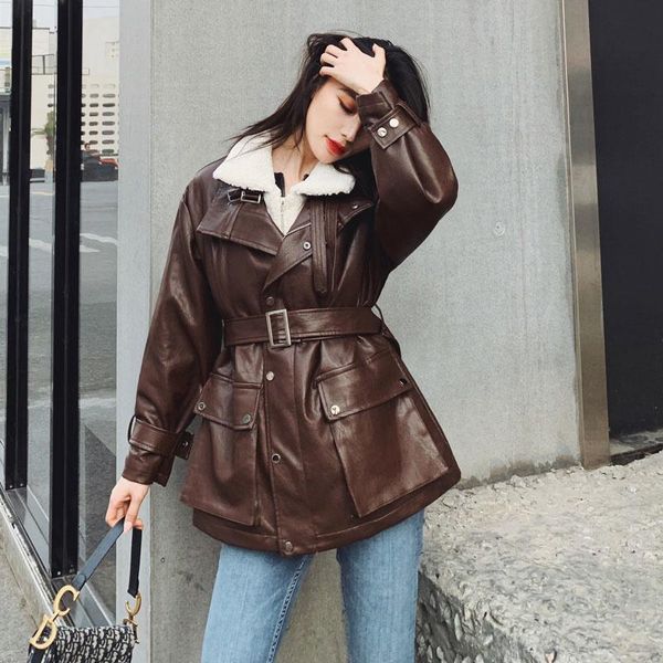 

women's leather & faux winter jacket plus velvet thickening mid-length 2021 loose locomotive lace-up lamb hair pu campera mujer, Black