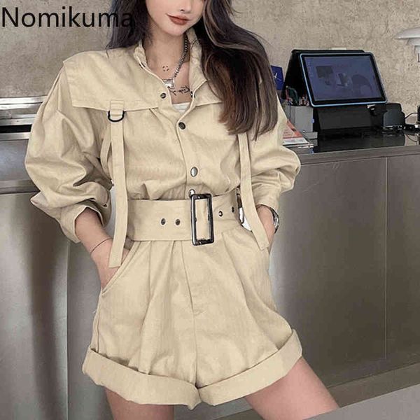 

nomikuma safari style women rompers summer thin belt slim waist playsuits fashion ribbon wide leg shorts bodysuits 6h159 210427, Black;white