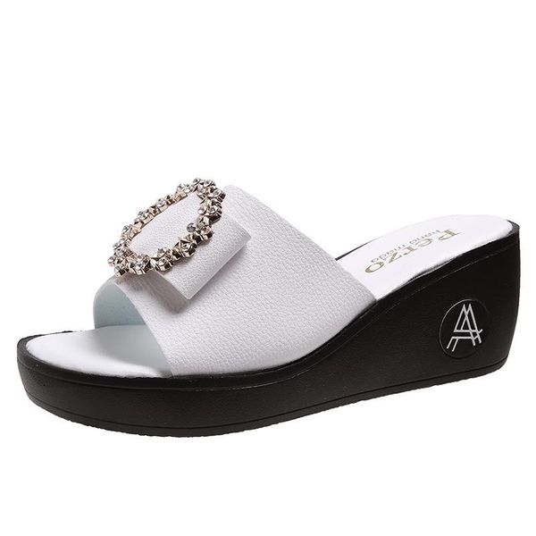 

summer round button outside wear non-slip sandals fashion mid-heeled wedge flip-flops women, Black