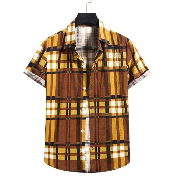 

fast deliver oversized printed shirt men's fashion cotton linen print plaid short sleeve button blouse camisa casual shirts, White;black