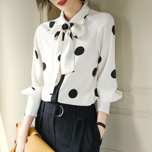 

women's jackets dot chiffon polka shirt bow dress spring 2021 color contrast lace long sleeve women, Black;brown