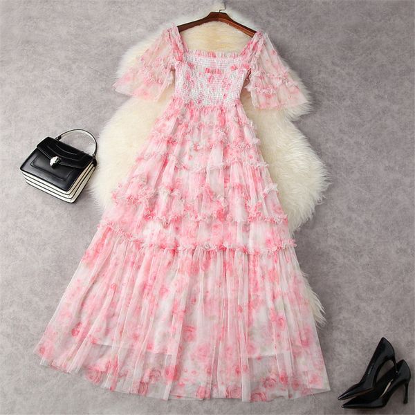 

two piece dress runway summer enchanting sweet pink luxury ruffle mesh long dress wedding party girl turtleneck elastic square maxi robe j99, White