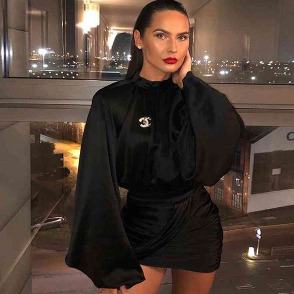 

justchicc mini pleated satin party women bandage zipper autumn long sleeve bodycon club black dress robe femme 200928, Black;gray