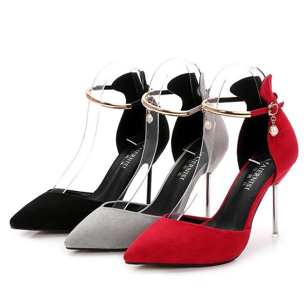 

dress shoes women's pumps pointed metal heel pearl round buckle gold ladies size 44 hollow sandal eiegant sapatos feminino, Black