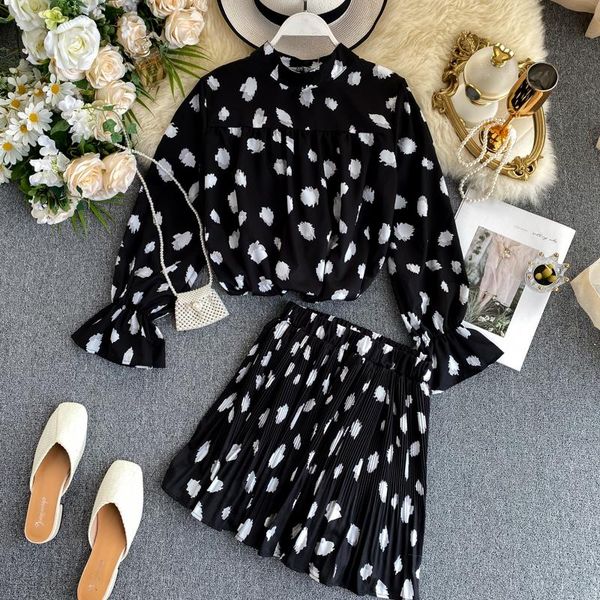 

two piece dress 2021 fashion women's clothing polka dot printed shirt + pleated skirt two-piece suit 2 set, White