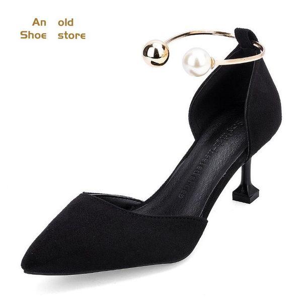 

korean fashion point shallow mouth with pearl high heels hollow comfortable heels. dress shoes, Black
