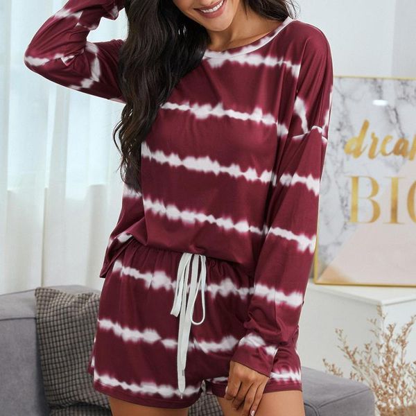 

women's sleepwear women pajamas sets home wear lady suit tie-dye long sleeve t-shirt shorts casual loose sleeveless clothing, Black;red