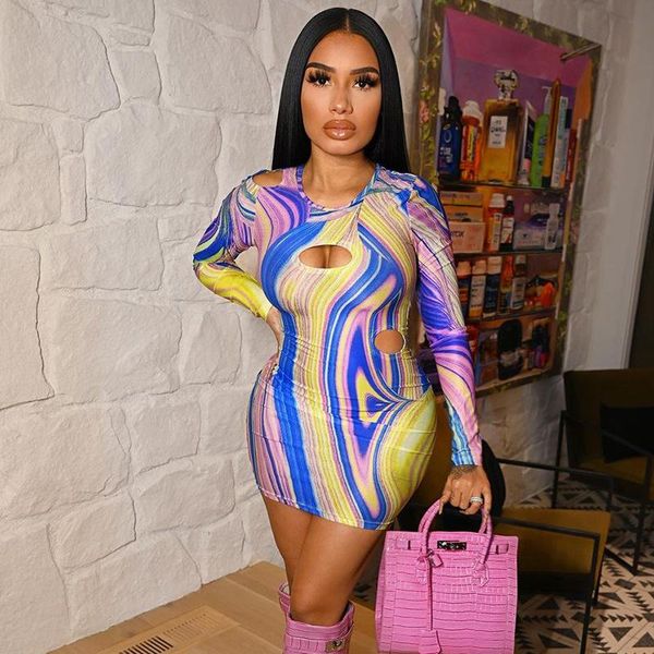 

casual dresses 2021 fashion tie dyeing print bodycon dress outfits women fall clubwear long sleeve hollow out, Black;gray