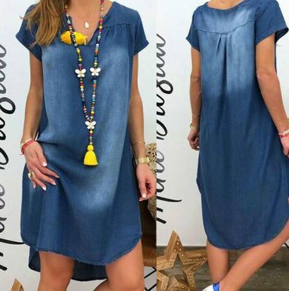 

v collar pullover short sleeve womens dresses denim plus size s 3xl casual dress vestidos, Black;gray