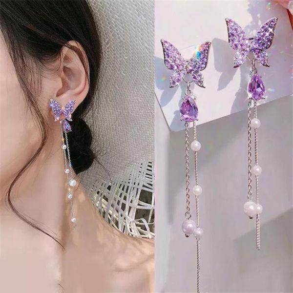 

stud 2021 fashion butterfly long pearl chain purple silver earrings shiny pendant cute girl jewelry, Golden;silver