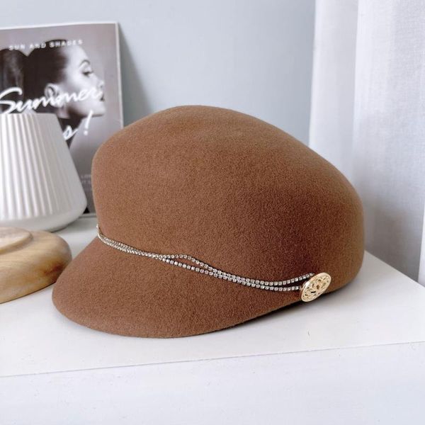 

berets 2021 wool casual hat women winter warm pure cap with rhinestone chain decoration retro military sboy, Blue;gray