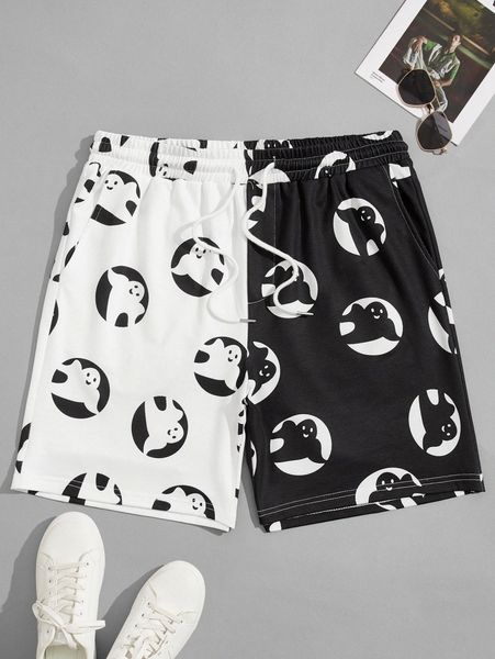 

men ghost & colorblock graphic drawstring waist shorts t3jx#, Black