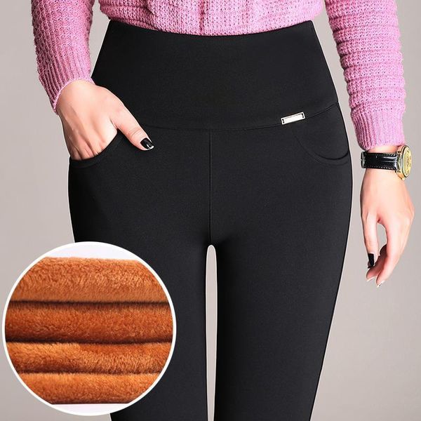 

plus size trousers office womens pant slim elegant full length winter warm pencil pants high waist stretch thickening leggings p8612, Black;white