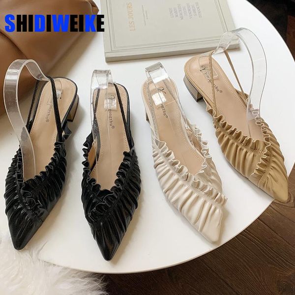 

women pu leather singback slip-on summer sandals elegant ladies pointed toe eveing pumps pleated square heel shoes dress, Black