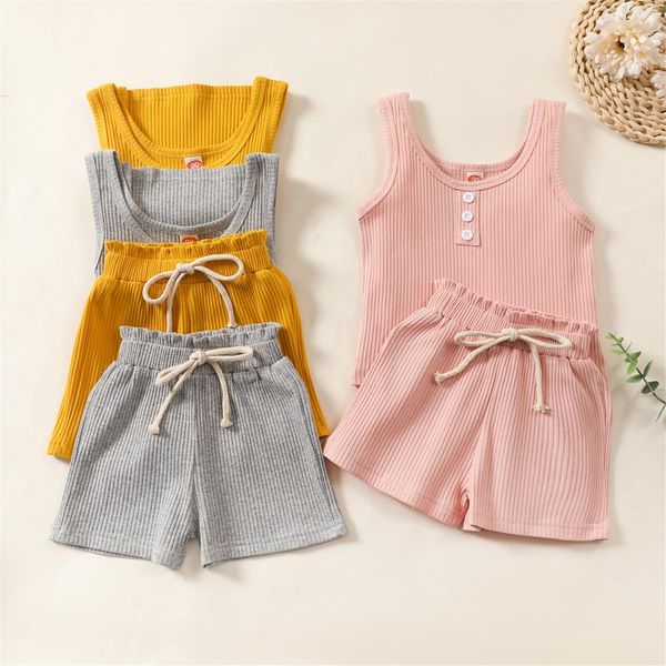 

clothing sets 2-6y summer toddler baby boys girls suits cotton kids outfits children ribbed knitted sleeveless vest +elastic waist short, White