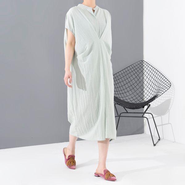 

casual dresses [eam] women geen knot bow brief big size dress stand collar sleeveless loose fit fashion tide spring summer 1t09506 97x8, Black;gray
