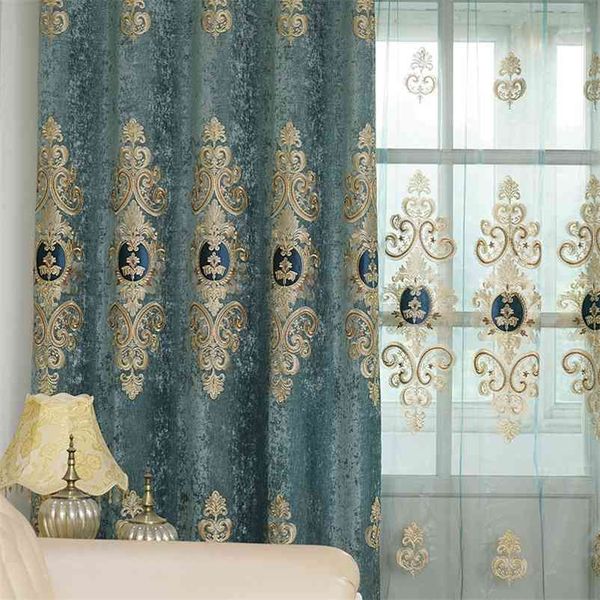 Шторы европейского стиля для гостиной спальня свет роскошный вышитый женский занавес двери окна двери Drapes синий цвет 210913