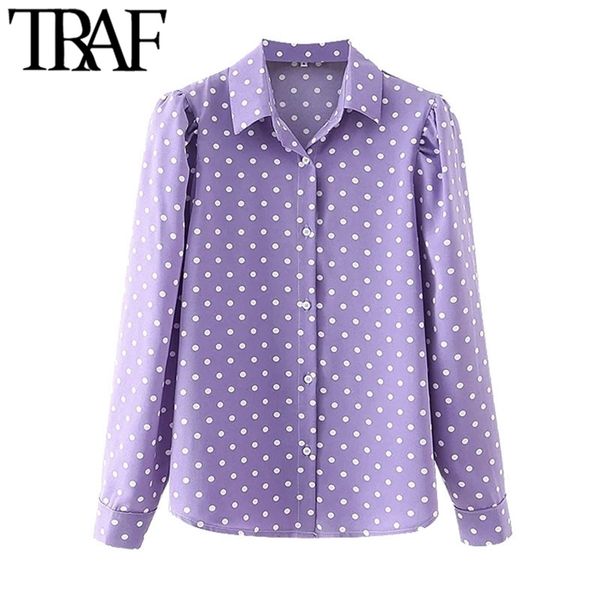 

women fashion polka dot print blouses vintage puff sleeve button-up female shirts blusas chic 210507, White