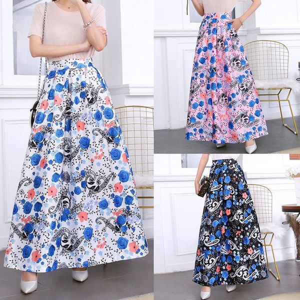 

skirts pleated print pattern elastic high waist skirt women party holiday plus size vintage floral ankle empire, Black