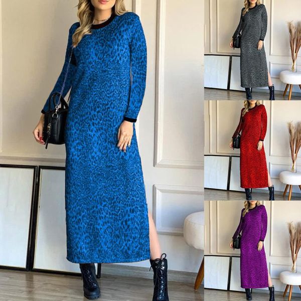 

casual dresses 2021 vintage women dress ladies leopard long sleeve round neck split party maxi robes plus size vestido de mujer, Black;gray