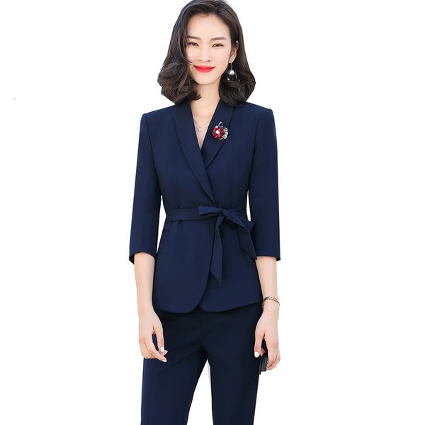 

women's suits & blazers half sleeve pink dark blue ladies pant suit women with sashes for summer spring uniform design formal business, White;black