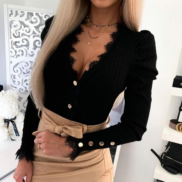 

women's t-shirt plus size lace t shirt women fashion solid color casual deep v neck long sleeve button slim office lady t-shirts camise, White