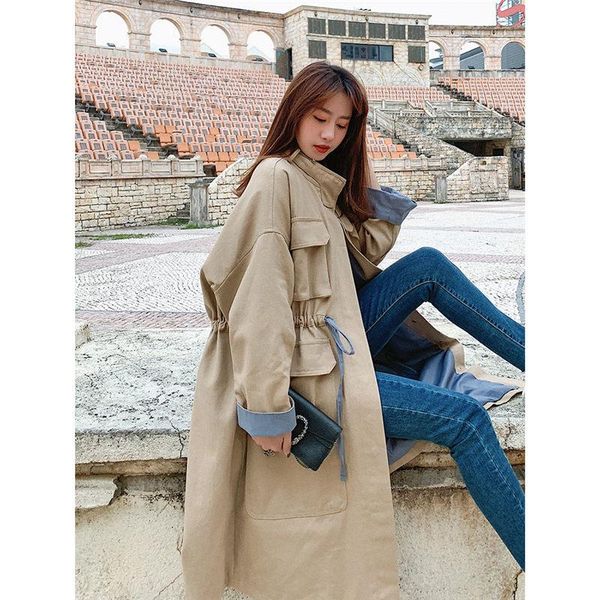 

women's trench coats stand collar windbreaker female denim patchwork drawstring waist pocket long coat 2021 spring autumn loose outerwe, Tan;black