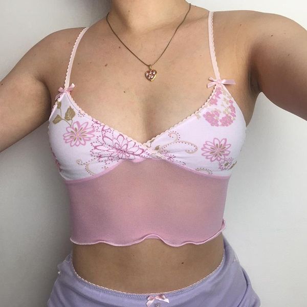 

mesh see through backless bow cute crop summer holiday women floral print sleeveless v neck slim cami streetwear women's tanks, White