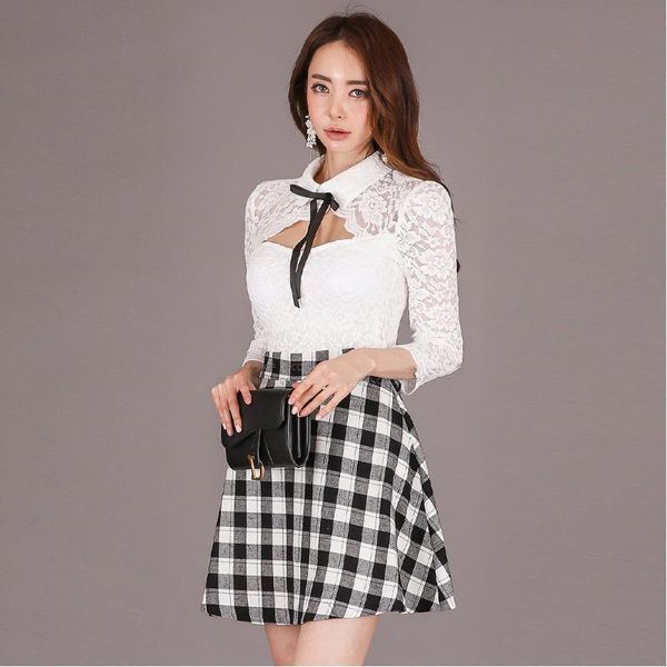 

casual dresses arrival fashion spring mini dress women temperament sweet hollow white perspective lace plaid stitching a-line wtvr, Black;gray