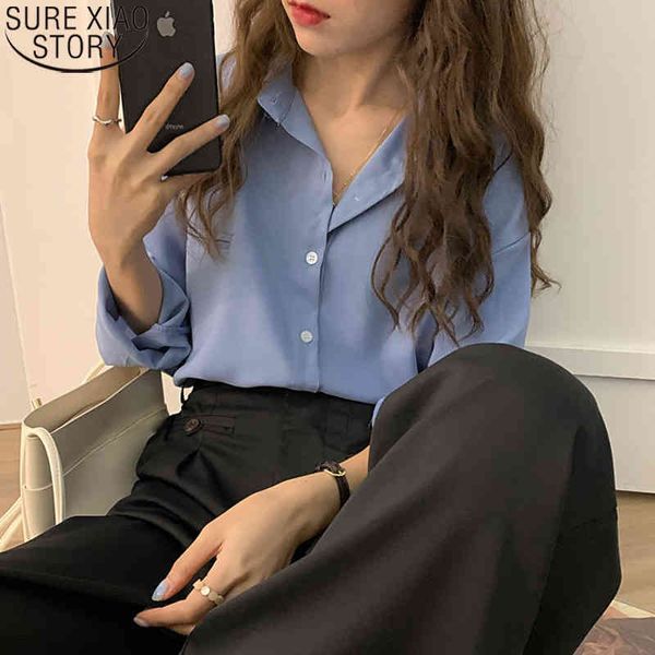 

blusas mujer de moda vintage long sleeve blouse women fall temperament solid loose office lady chiffon shirts 12347 210417, White
