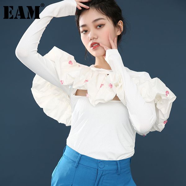 

[eam] women white pleated hollow out sequins split t-shirt round neck long sleeve fashion spring summer 1s72300 210512