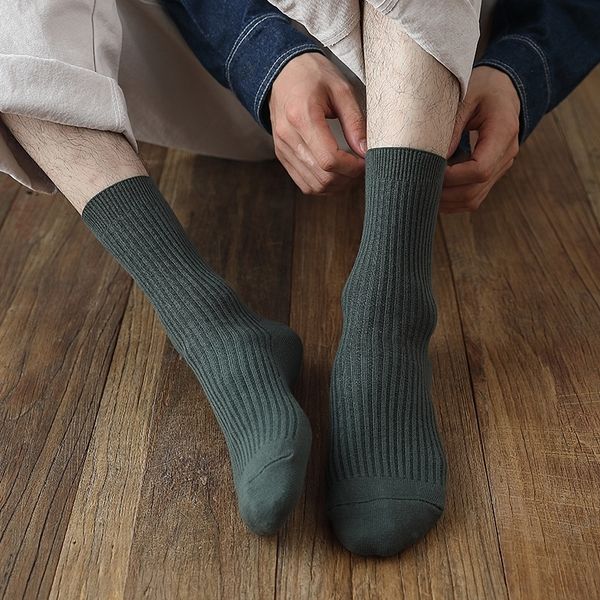 

bTdt autumn and winter socks medium medium cottonpure men's versatile double needle middle tube striped business men's socks long tube cott, Black