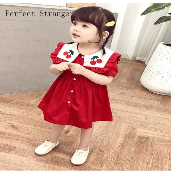 

girl's dresses 2021 summer arrival baby girl dress turn-down collar cherry embroidery kids red children lobly clothes, Red;yellow