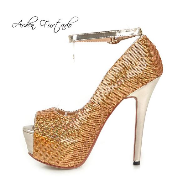 

arden furtado summer 2021 fashion women's shoes stilettos heels silver buckle strap gold pumps peep toe party big size 43 dress, Black