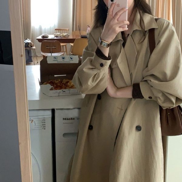 

net red korean loose medium and long windbreaker feminine thin lace up knee length coat autumn 2021, Tan;black
