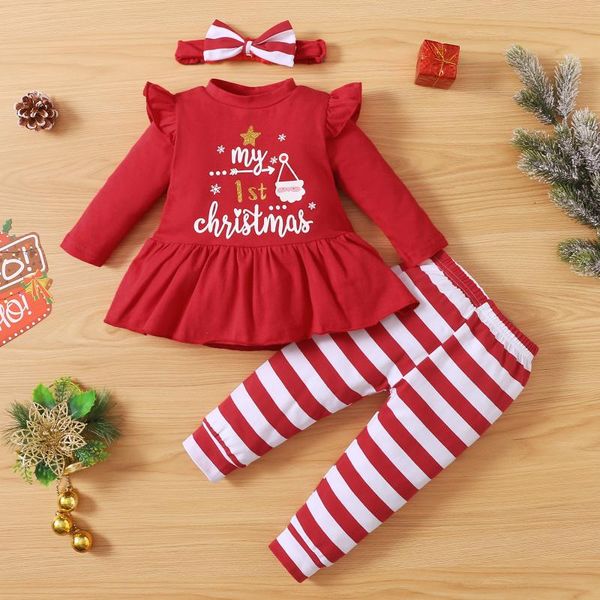 

clothing sets christmas baby girls three-piece clothes set printed pattern round collar , pants and headdress, White