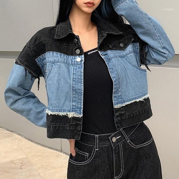 

women's jackets patchwork denim jacket women winter crop streetwear jeans casual cool girl outerwear y2k long sleeve coat1, Black;brown