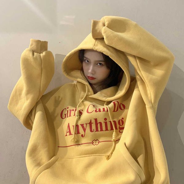 

winter korea bf loose long-sleeved hooded sweatshirt female ins harajuku vintage letters casual women's fashion 210608, Black