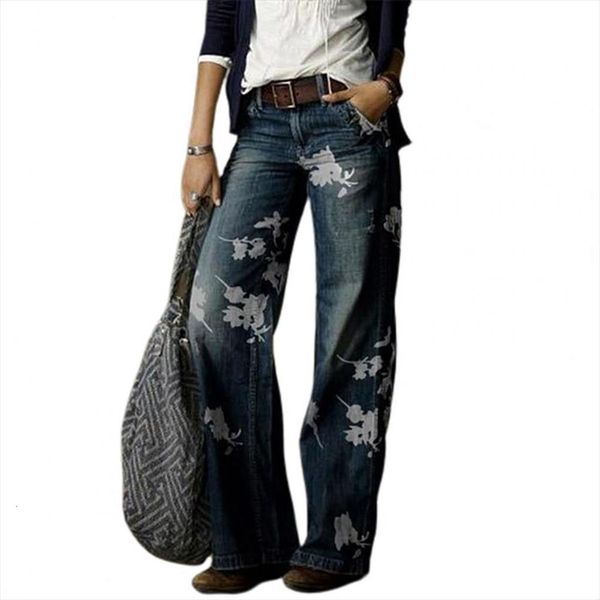 

retro high waist wide leg women pant floral print long loose jeans trousers womens clothing, Black;white