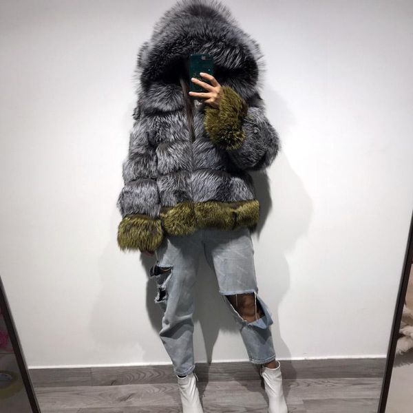 

women's fur & faux ladies coat women real natural hooded, Black