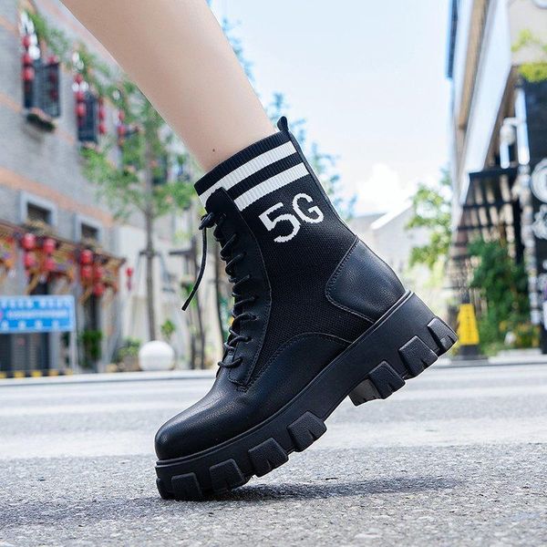 

boots kiiyilala pu ankle cross tied platform shoes for women fabric mixed color mid-calf booties round toe 5cm heels big size 43, Black