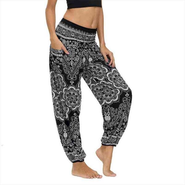 

women harem pants ethnic print home fitness wear sarouel femme elastic waist loose wide leg trousers, Black;white