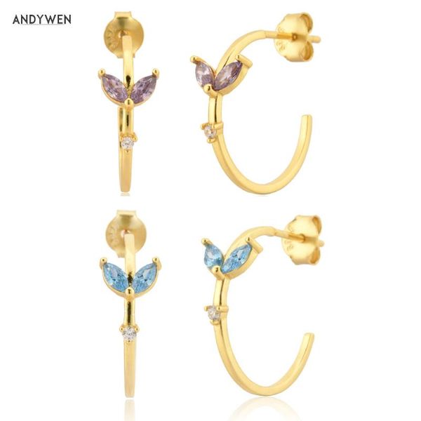 

hoop & huggie andywen 925 sterling silver gold 15mm purple blue hoops earring piercing pendiente ovals jewelry gift luxury wedding huggies, Golden;silver