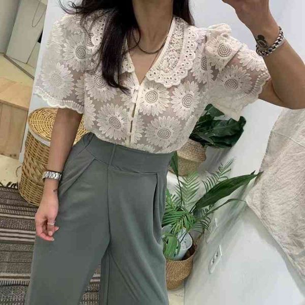 

women's blouses & shirts vintage embroidery peter pan collar single breasted flower thin ladies shirt fashion gentle all-match cas, White