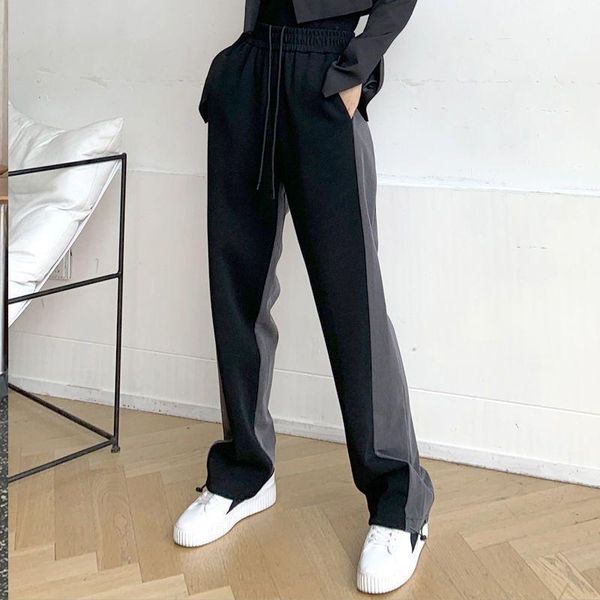 

men's pants casual men korean fashion loose patchwork straight trousers male elastic waist plus size boys summer drawstring clothes, Black