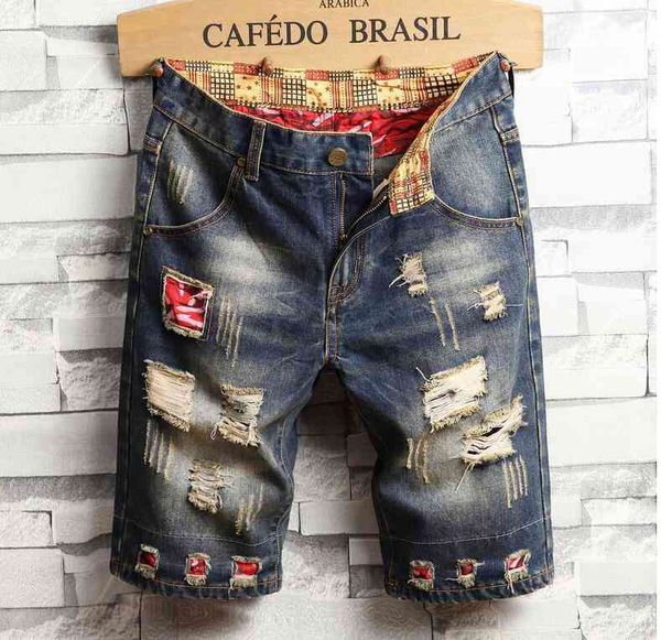 

men's jeans unique mens ripped denim shorts vintage fashion designer washed knee length scratched hip hop short pants trousers 782 jgqj, Blue